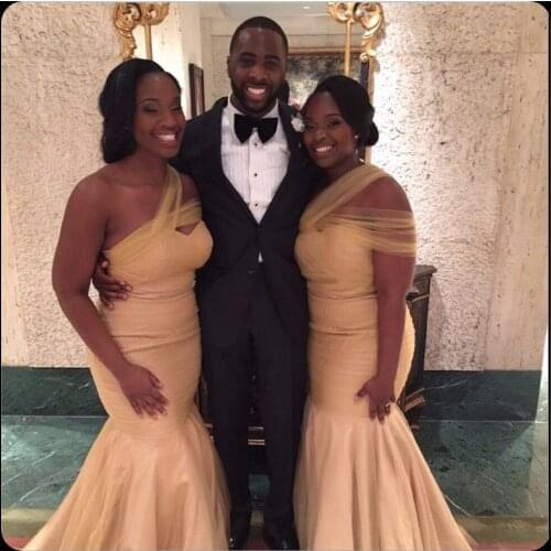 Long Mermaid Tulle Bridesmaid Dresses Elegant One Shoulder Champagne Bridesmaid Dresses Custom Made Wedding Party Gown MB6