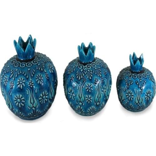 Handmade Ceramic Turkish Pomegranate Shelf Ornament Turquoise Set of 3