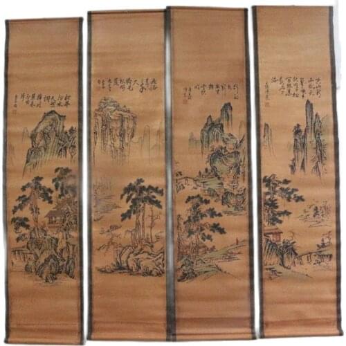 China Old Scroll Painting Four Screen Paintings Middle Hall Hanging Painting Wang Longs Poetry Landscape Painting