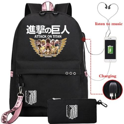 2PCS Attack On Titan Survey Corps Fashion Backpack + Pencil School Bag Bookbag Women Men USB Travel Shoulder Laptop Bags