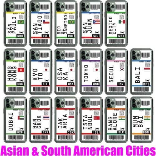 Asian South South American Cities Passenger Airline Ticket For iPhone 11 Pro 12 7Plus 8 8Plus X XS Max XR Soft Clear Phone Case