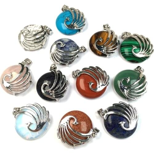 Natural Stones Round Pendant Plated Phoenix Surround Pendant Pendants For Jewelry Making DIY Reiki Necklaces Accessories