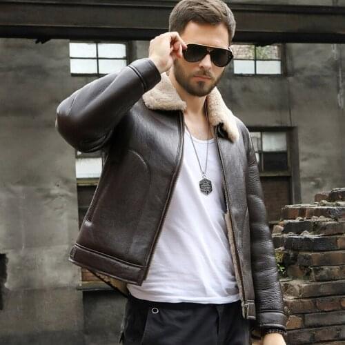 New Mens B3 Shearling Jacket Winter Fur Coat Fashion Motorcycle Jacket Short Sheepskin Coat Brown Leather Jacket