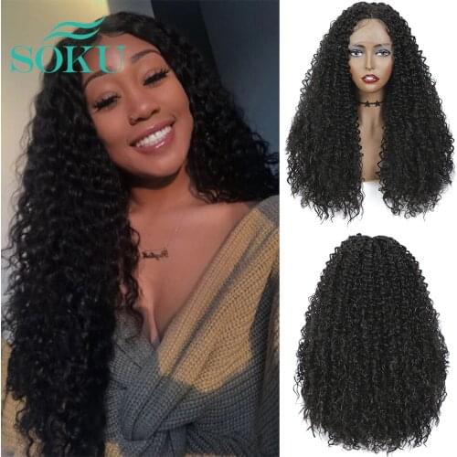 Deep Curly Synthetic Lace Front Wig Dark Brown Color With Baby Hair Heat Resistant Fiber Middle Part Lace Wig For Black Women