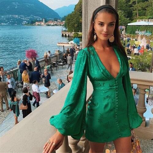 Womens Satin Dresses Green Deep V Neck Botton Lantern Sleeve Mini Dress Sexy Female Party Dresses Club Spring A Line Dress