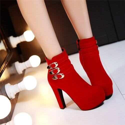 PXELENA High Quality Spring Autumn Winter Ankle Boots Women Shoes Super High Heel Buckle Flock Short Boots Office Ladies Shoes