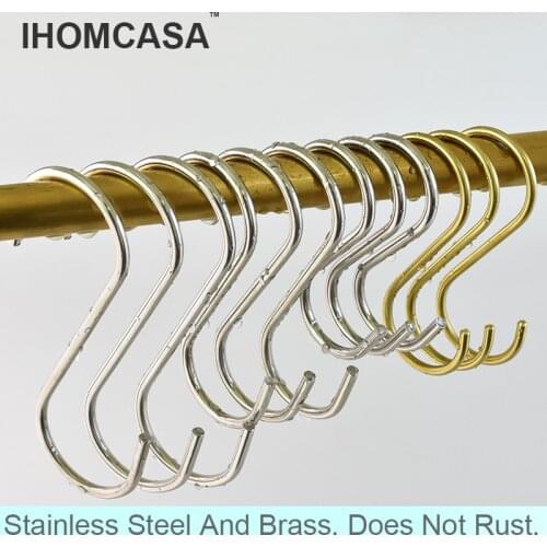 IHOMCASA Stainless Steel S Shaped Hooks Kitchen Railing Storage Hanging Hooks Bathroom Organizer Tools Brass Hanger S Hook