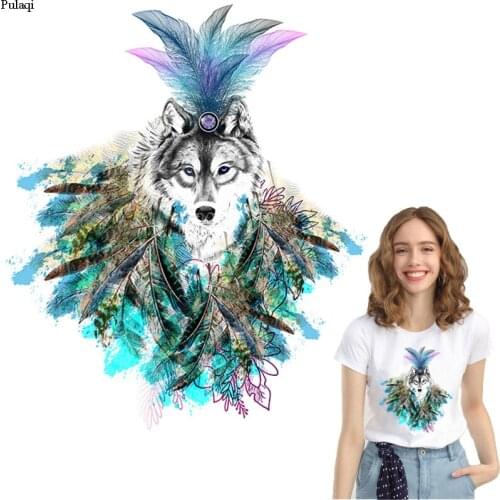 Pulaqi Wolf Iron On Patches For Clothing Feather Patch Stripes Fashion Girl Thermal Stickers On Clothes For Women T-shirt Badge