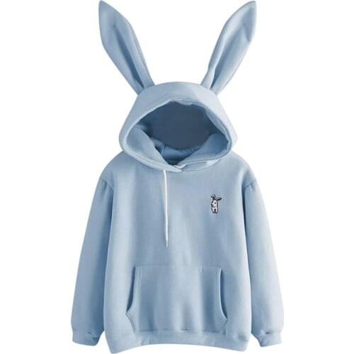 Autumn Winter Women Hoodies Kawaii Rabbit Ears Fashion Hoody Casual Solid Color Warm Sweatshirt Hoodies For Women