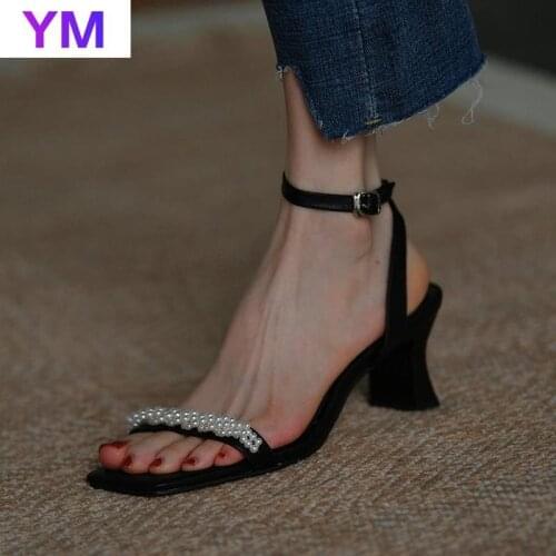Fashion Peep Toe Womens Shoes Pearl 34-39 Sandals Women Shoes Shallow Mouth PU High Quality Ankle Strap High Heel Shoes Sapato