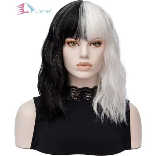 Uenel Half Black Half White Short Curly Wig Shoulder Length Black and White Wig Wavy Black And Half White Heat Wig For Women