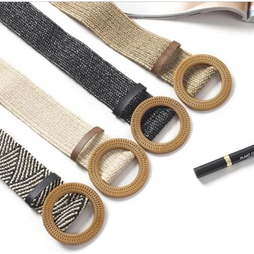 Vintage Boho Braided Waist Belt Round Wooden Buckle Belts for Women Smooth Round Buckle Wide Belt Woven Straw Female Belt