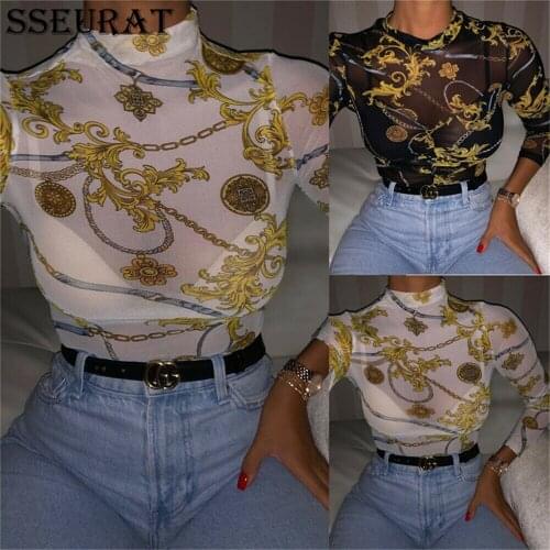 SSEURAT Women Mesh Sheer See Through Print Shirt Blouses Outwear Turtleneck Long Sleeve Tops Transparent Slim Shirt Bodycon Clu