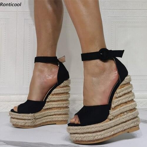 Ronticool New Arrival Handmade Women Ankle Strap Sandals Hemp Wedges Heel Open Toe Black Casual Shoes US Plus Size 5-20