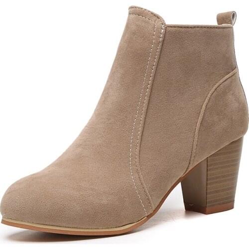 CUZULLAA Women Sewing Side Zip Ankle Boots Shoes Lady Flock High Heel Boots Round Toe Bootie Plus Size 35-41