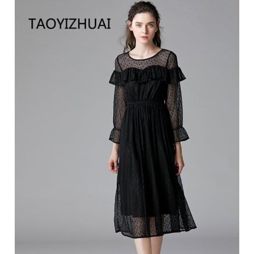 Brand Black Polka Dot lace dress spring and autumn new French Platycodon skirt Victoria fashion elastic waist oversize dress