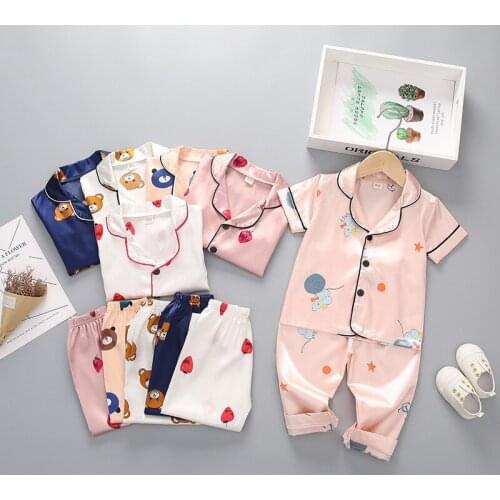 2021 New Pyjama for Kids Cartoon Boys Cute Pijama Homewear Girls Silk Nightwear Short Sleeve Summer Children Pajama Set Clothes