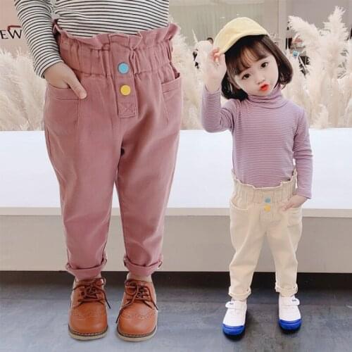 Girls' trousers, spring and autumn childrens clothes, two color button leaf-edge trousers, 3 to 8 years old
