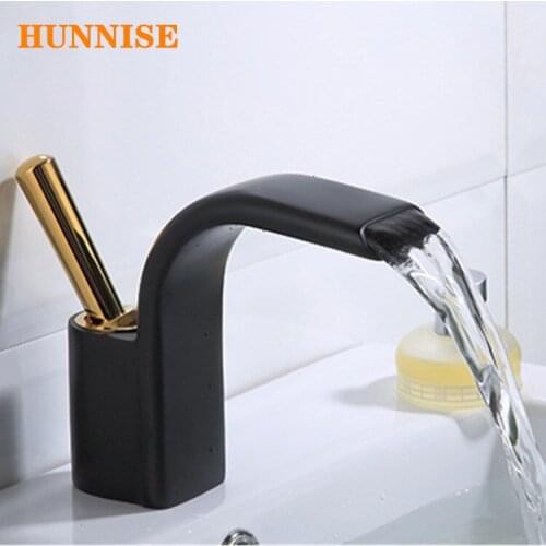 Black Gold Basin Faucet Deck Mounted Waterfall Bathroom Vessel Sink Mixer Tap Hot and Cold Bathroom Basin Mixer Faucet