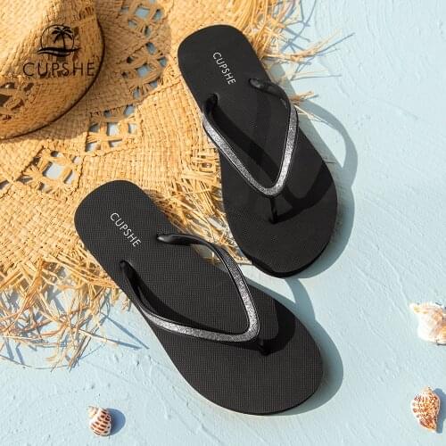 CUPSHE Black Glitter Flip Flops Open Toe Thong Strap Sandals For Women 2021 Summer Beach Soft PE Slippers Casual Flip Flop Shoes