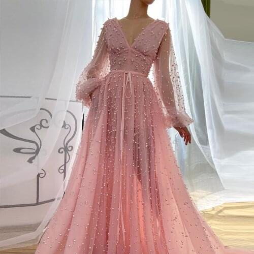 Elegant Prom Dresses 2020 Pink Tulle V-Neck A-Line Long Evening Dresses Pearl vestidos do baile de finalistas Formal Party Gown