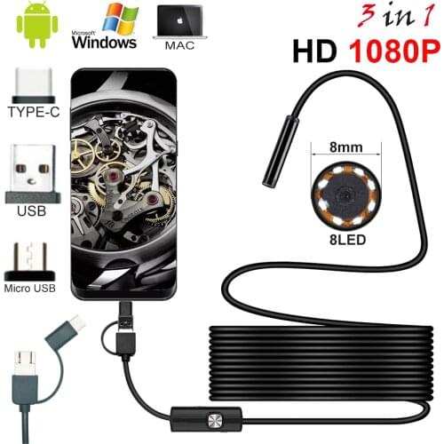 New 8.0mm Endoscope Camera 1080P HD USB Endoscope with 8 LED 1/2/5M Cable Waterproof Inspection Borescope for Android PC