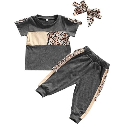 3 Pieces Kids Suit Set, Girls Leopard Print Round Neck Short Sleeve Tops+ Trousers+ Headband for Toddler, 9 Months-4 Years