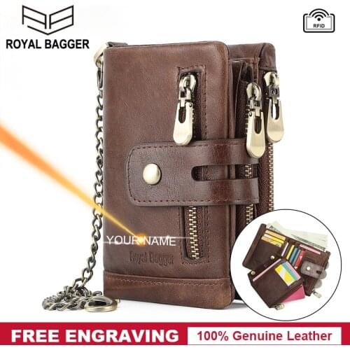 Royal Bagger Mens Short Wallet Free Engraving RFID Block Real Genuine Cow Leather Coin Purse with Chain Strap Wallets Men Retro