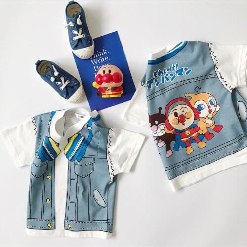Tonytaobaby Summer New Boys and Girls Cartoon Headset Printed Fake Denim Vest Short Sleeve T-shirt