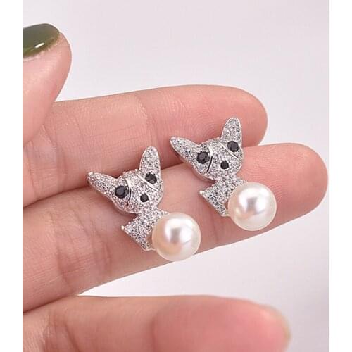 Cute Puppy Earrings Fashion Silvery Jewelry Full Inlay Shiny Little Zircon With Pearl Dainty Ear Studs For Women Statement Gifts