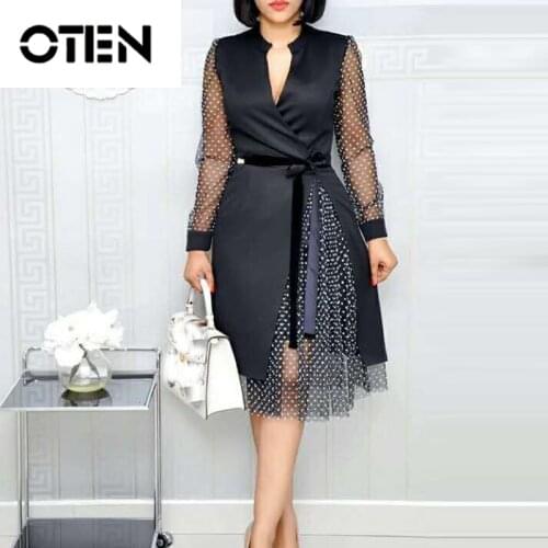 OTEN Fashion Autumn 2019 Split Patchwork Lace Up Women Dresses Polka Dot Office Party Chiffon Elegant V-Neck Sexy Female Working
