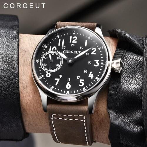 Corgeut Fashion Leather Top Luminous Mechanical Hand Winding Watch 17 Jewels ST3600 Seagull 6497 movement Sport Wrist Man Watch