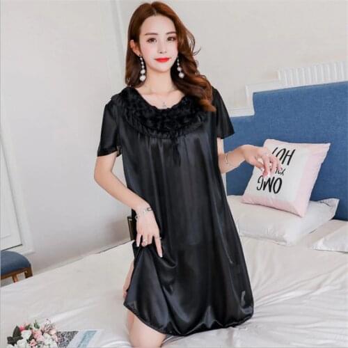 Sexy Sleepwear Short Sleeve Ladies Silk Nightwear Sleep Wear Night Gown Lingerie Dress Oversize Max Weight 90kg O Neck Nightgown