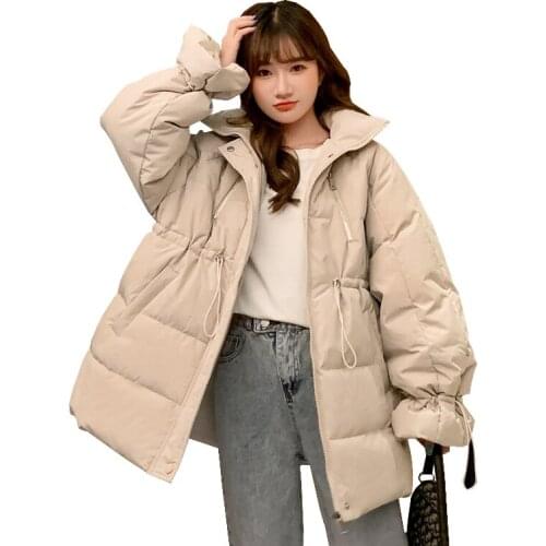 2020 new womens loose thick cotton padded jacket solid long sleeve zipper stand-up collar straight warm winter parka female W59