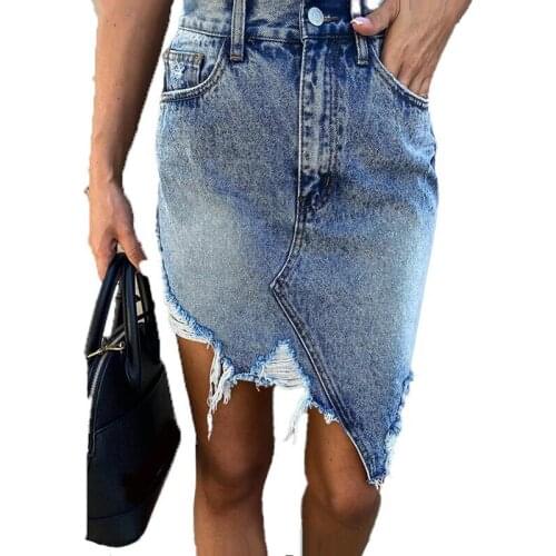 Sexy Tassel Ripped Summer Casual Asymmetrical High Waist Denim Skirt Woman Bodycon Mini Skirts Streetwear