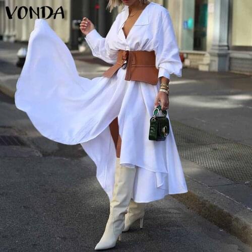 Maxi Dress Women Casual Long Sleeve Solid Button Down Asymmetric Hem Shirt Dresses 2021 VONDA Bohemian Party Vestidos