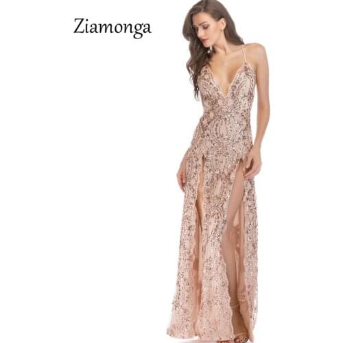 Ziamonga Summer Glitter Party Nightclub Sequin Dress Vintage Women Sexy Sequin Vestidos Straps V-Neck Maxi Floor Length Dress