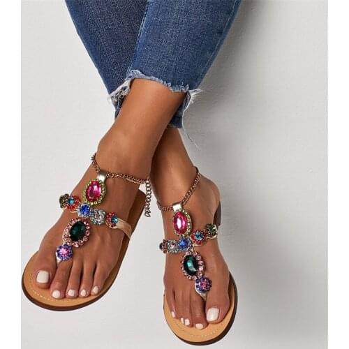 High quality Gladiator Rhinestone Flats Women Sandals Shoes Bohemia Crystal Beach Shoes Rubber sole Fow Summer Women