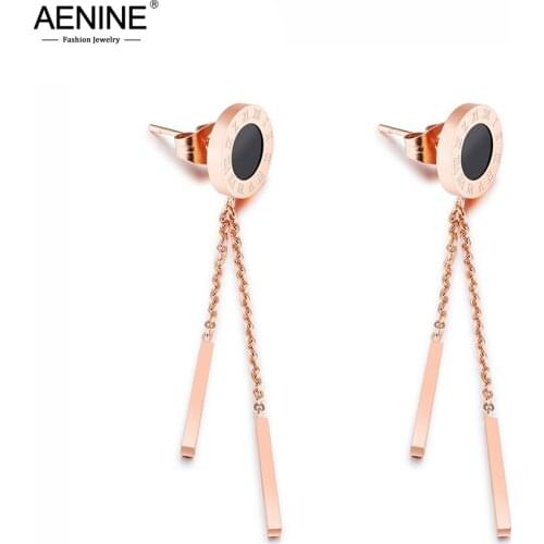 AENINE Trendy Rose Gold Color Titanium Stainless Steel Stud Earrings For Women Roman Numeral Black Acrylic Disc Earrings AE17079
