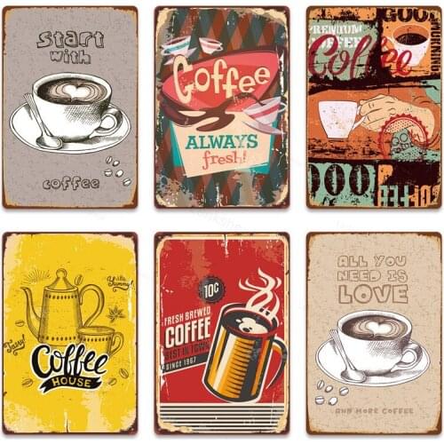 Vintage Design Coffee Tin Metal Wall Art Signs White Sheet Wall Decoration Coffee Bar Metal Signs Retro Cafe Kitchen