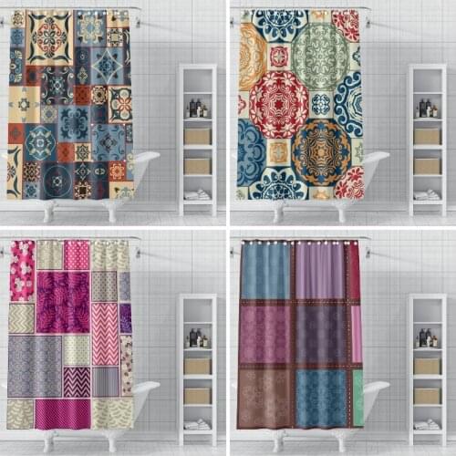 Bomemian Style Shower Curtains Geometric Square Pattern Bathroom Decoration Waterproof Polyester Curtains