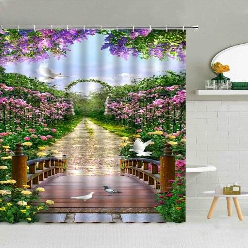 Flowers White Dove Bridge Shower Curtain Plant Roman Column Misty Floral Landscape Bathroom Supplies Decor Curtains With Hooks
