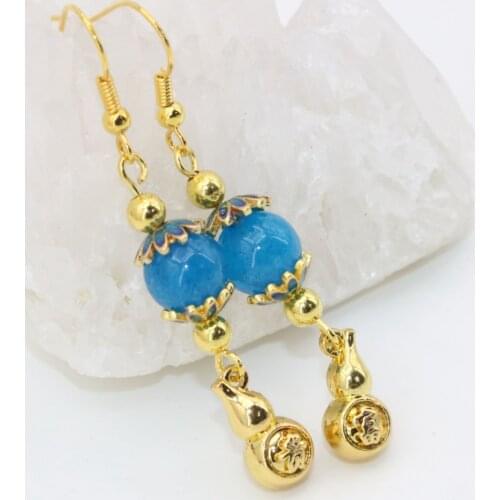 Lovely Ethnic Style Long Dangle Earrings for Women Gold-color Gourd Blue Jades Chalcedony Beads New Elegant Drop Earring B2623