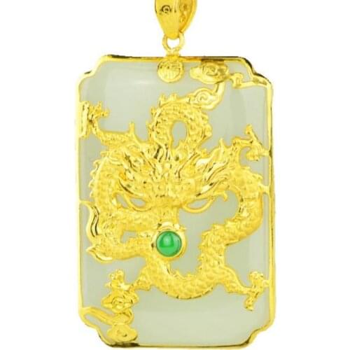 3D gold inlay and Tian Yujin inlaid jade dragon pendantH52