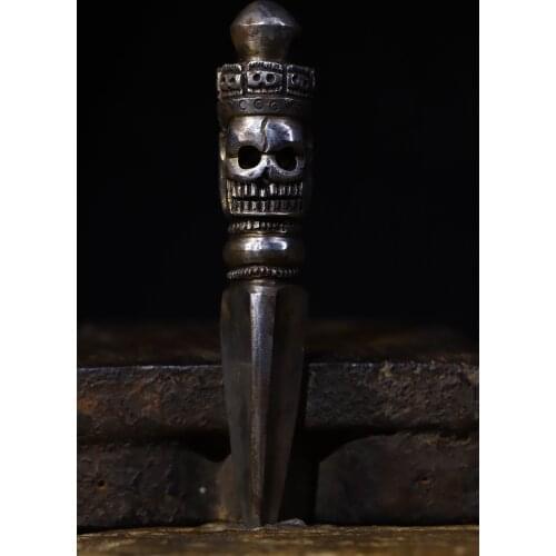 5"Tibet temple Old Tiantie Hand beat Engraved Skull statue Dorje Vajra Phurpa Pendant amulet Town House Exorcism