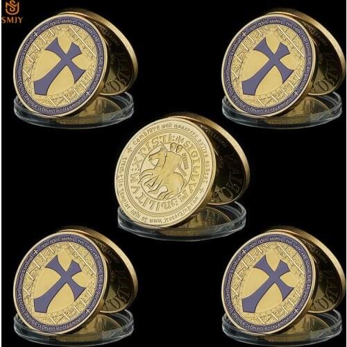 5Pcs/Lot Purple Paladin Crusader Golden Mason Knight Templar Silver Plated Souvenir Color Replica Coin