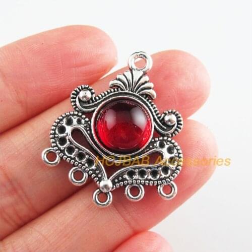 6 New Flower Charms Red Glaze Heart Connectors Tibetan Silver Tone 26x31mm