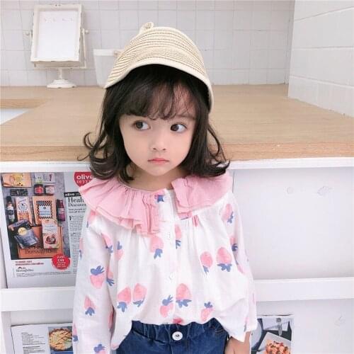 2 3 4 5 6 Y Girls Blouses Shirts Doll Collar Strawberry Print Tops For Girls Cotton Fashion Long Sleeves Kids Clothing Shirt