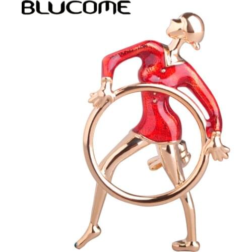 Blucome Gymnastics Girl Brooch Red Enamel Circle Girls Brooches For Bag Ladies Kids Small Party Corsages Collar Suit Dress Pins