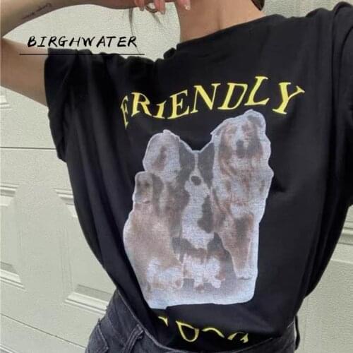 Friendly Big Dog Funny Korean Fashion Graphic Tshirt Plus Size Cotton Ins Tees Short Sleeve Vintage Printed Y2K Shirt For Women
